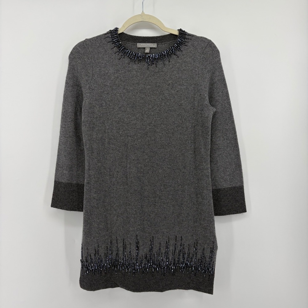 Neiman Marcus Womens S Gray 100% Cashmere Beaded Tunic Sweater 3/4‎ Sleeve